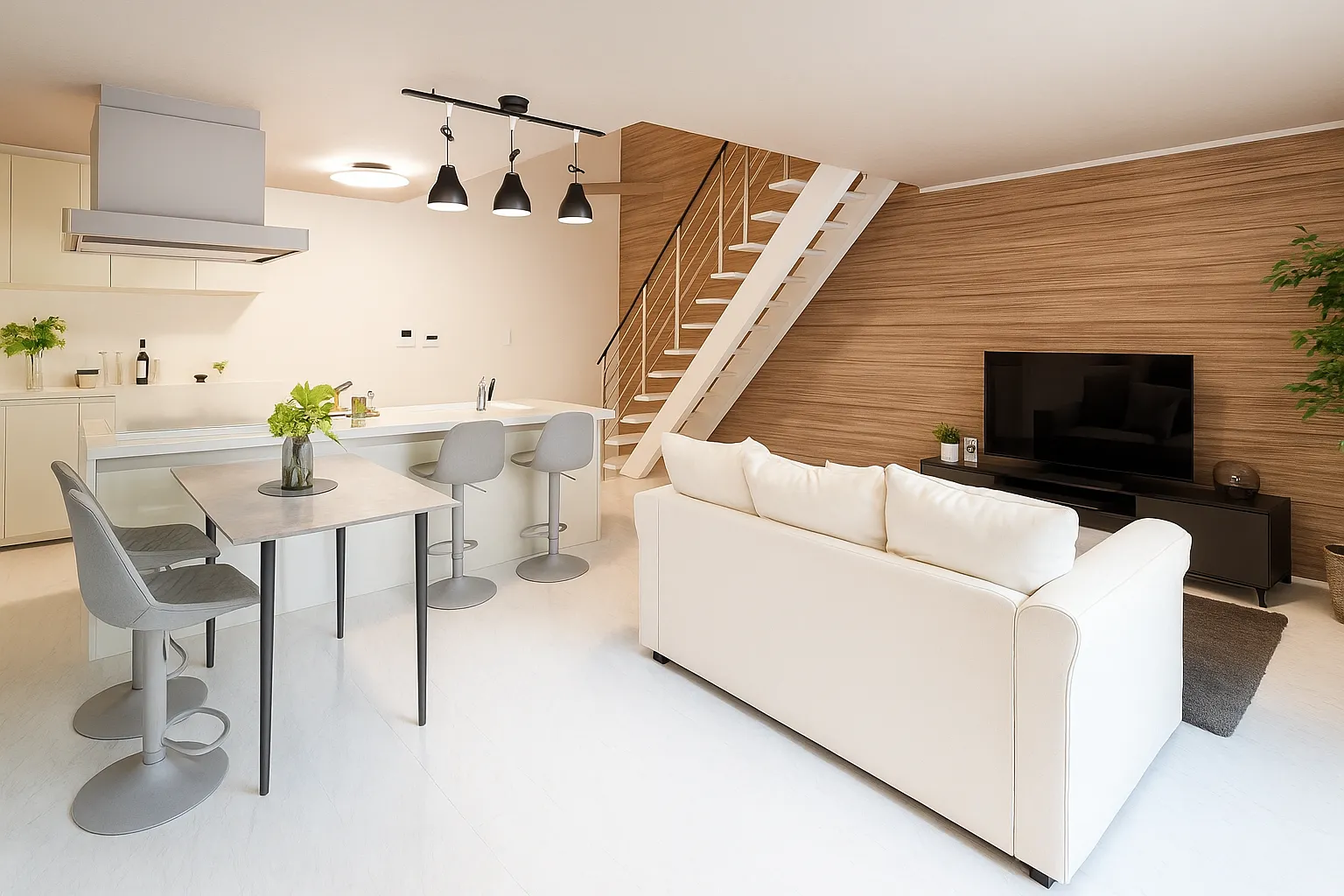 白と木目を基調としたモダンなリビングダイニング 白と木目を基調としたモダンなリビングダイニング