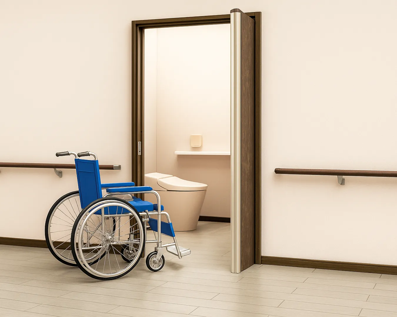 車椅子でもスムーズに通れる介護対応折れ戸のトイレ:ケアシスト 車椅子でもスムーズに通れる介護対応折れ戸のトイレ:ケアシスト