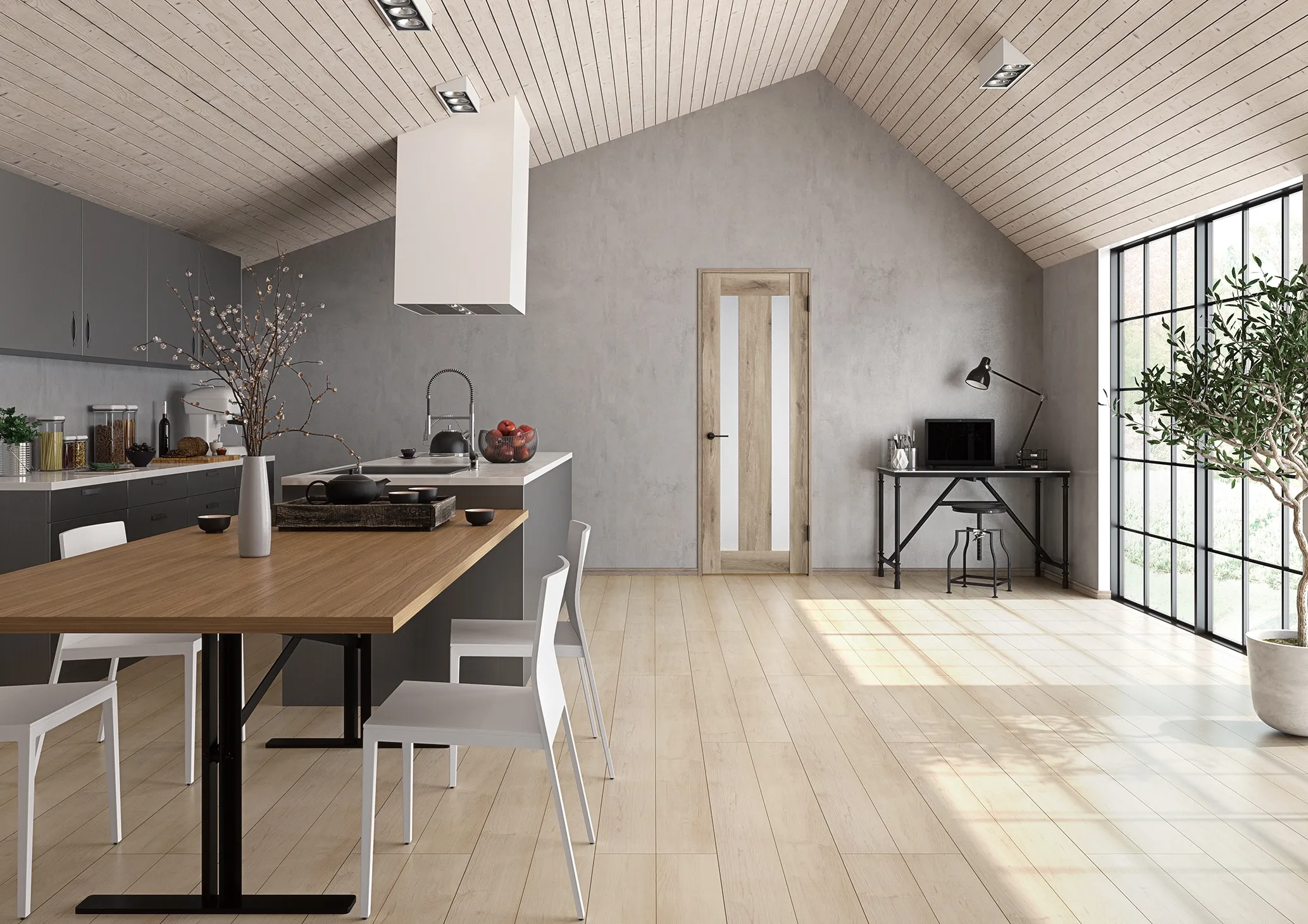 勾配天井が印象的な明るいキッチン空間 勾配天井が印象的な明るいキッチン空間