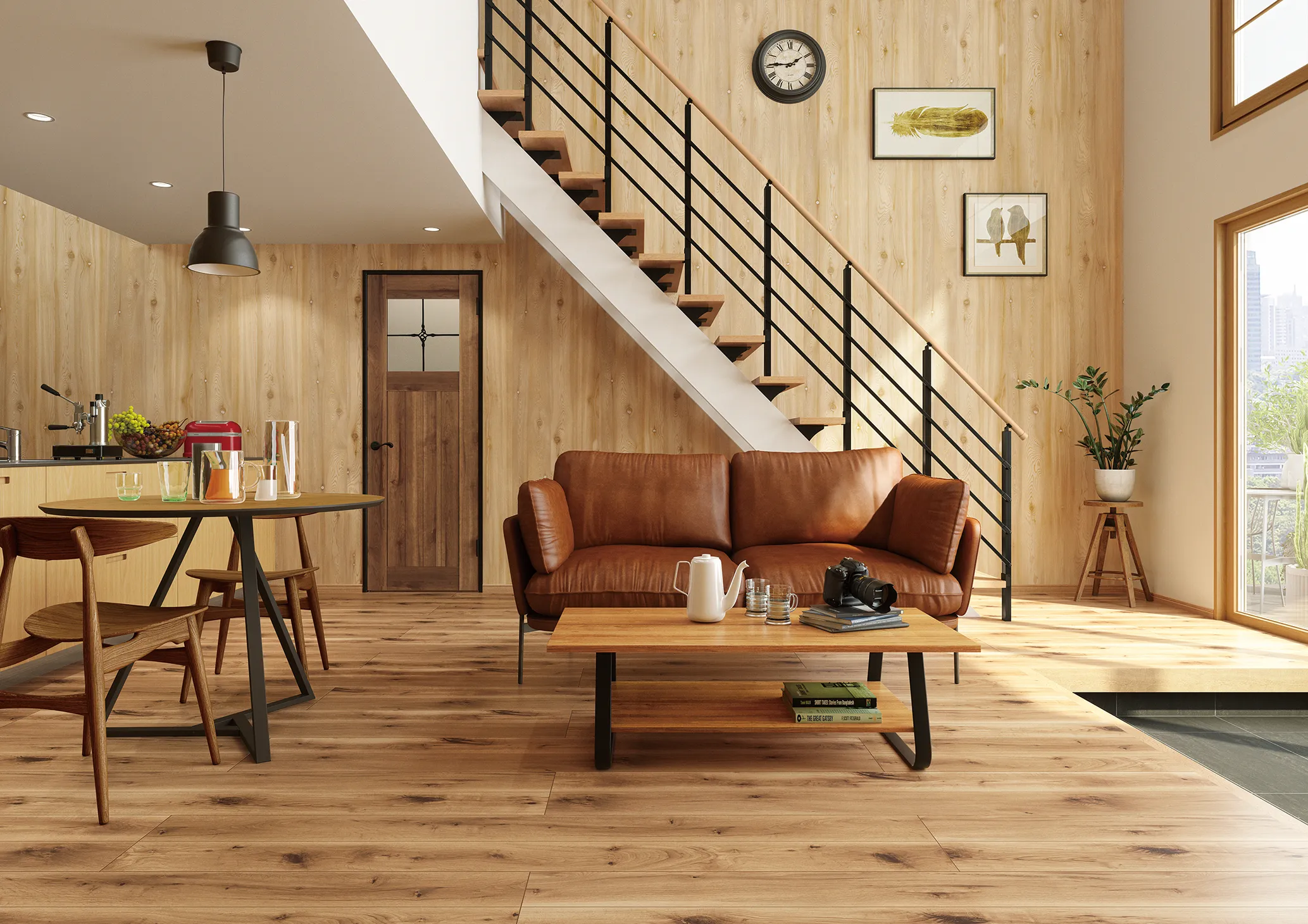 天然木のぬくもりと光に包まれる、吹き抜けリビング