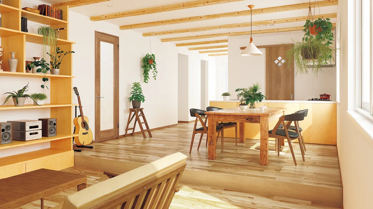 木とグリーンに癒される、趣味も楽しめるダイニング空間