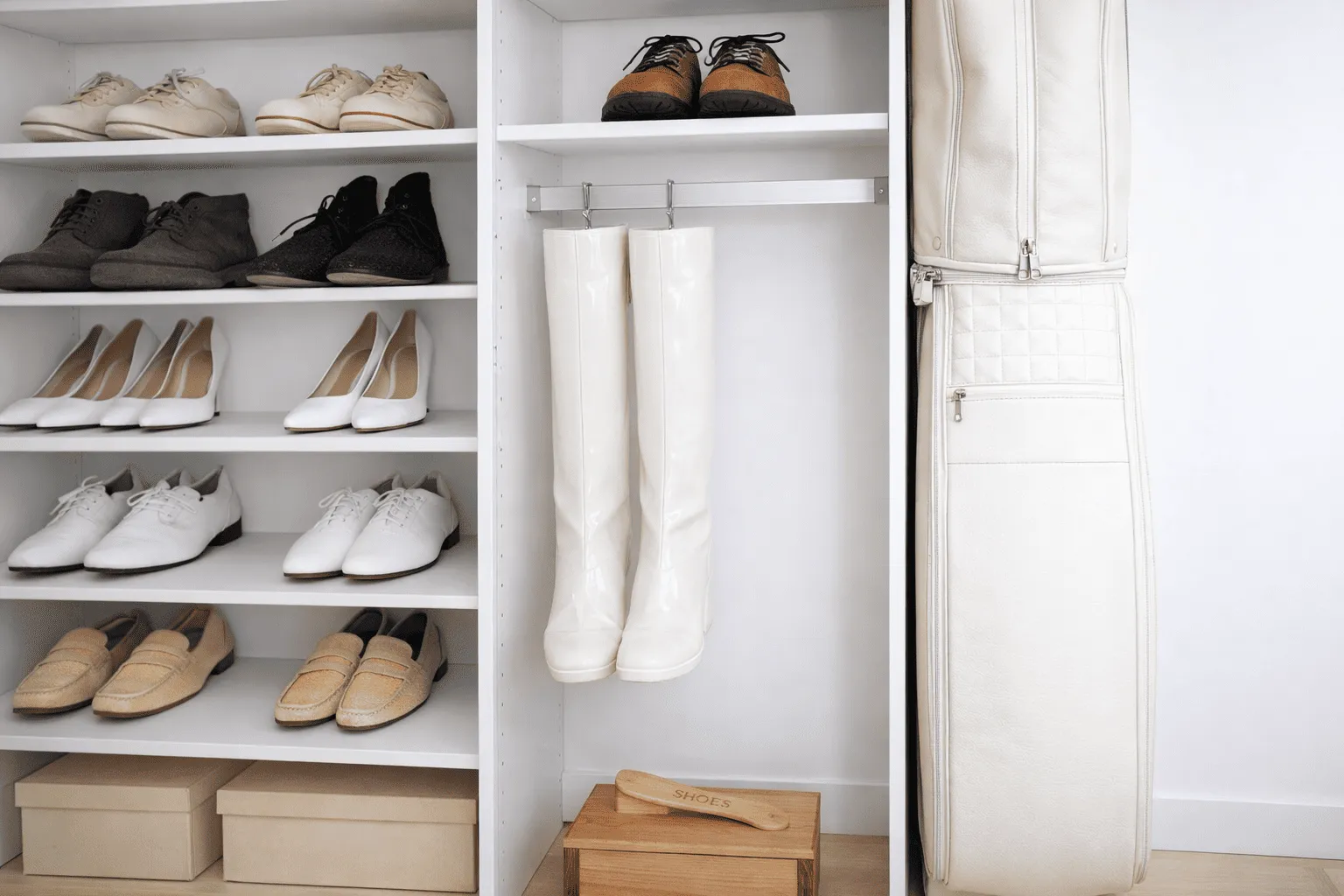 靴も小物も一括収納。ブーツも掛けて収納できる棚