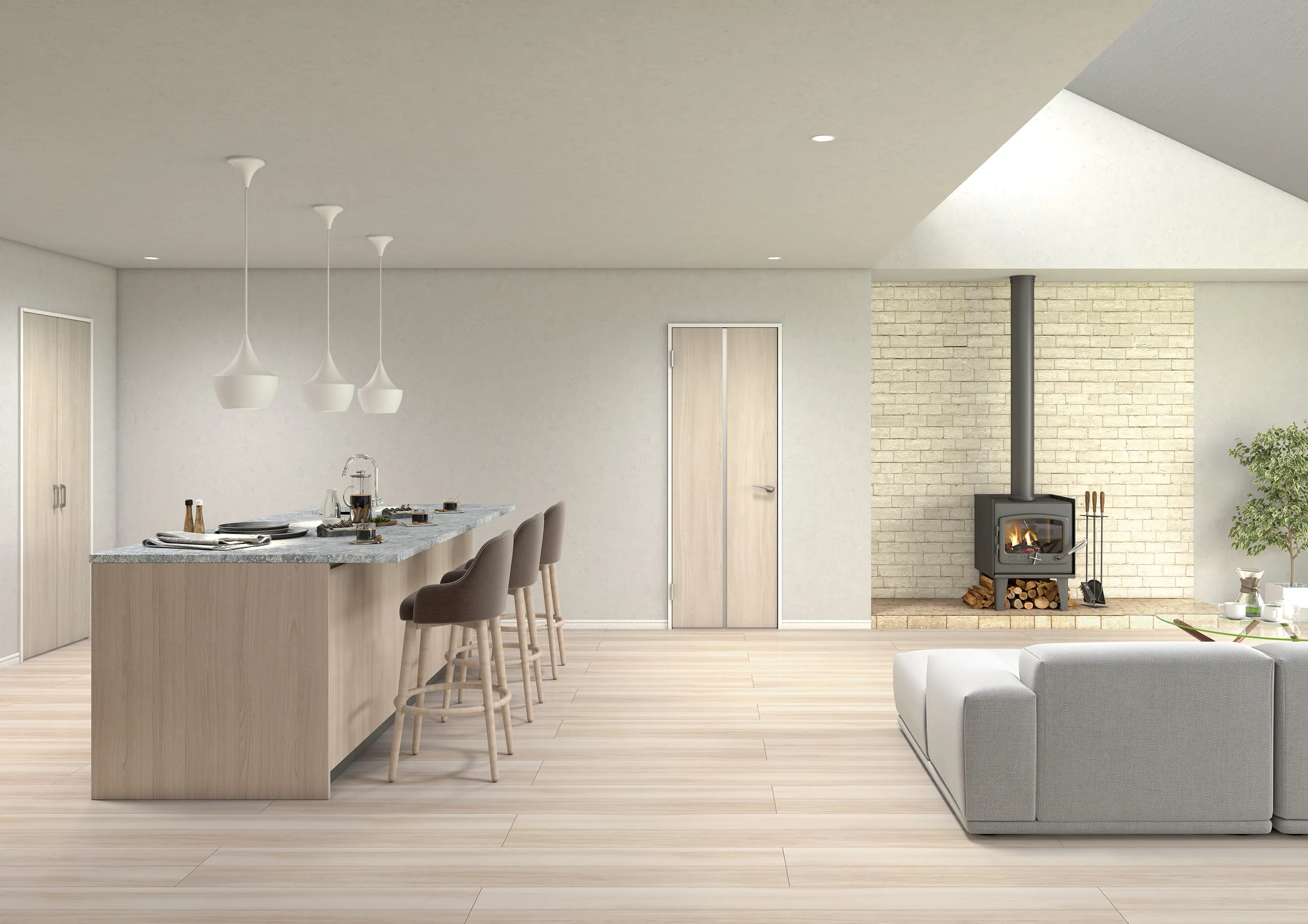 薪ストーブが印象的な、ナチュラルトーンの開放感あふれるLDK空間