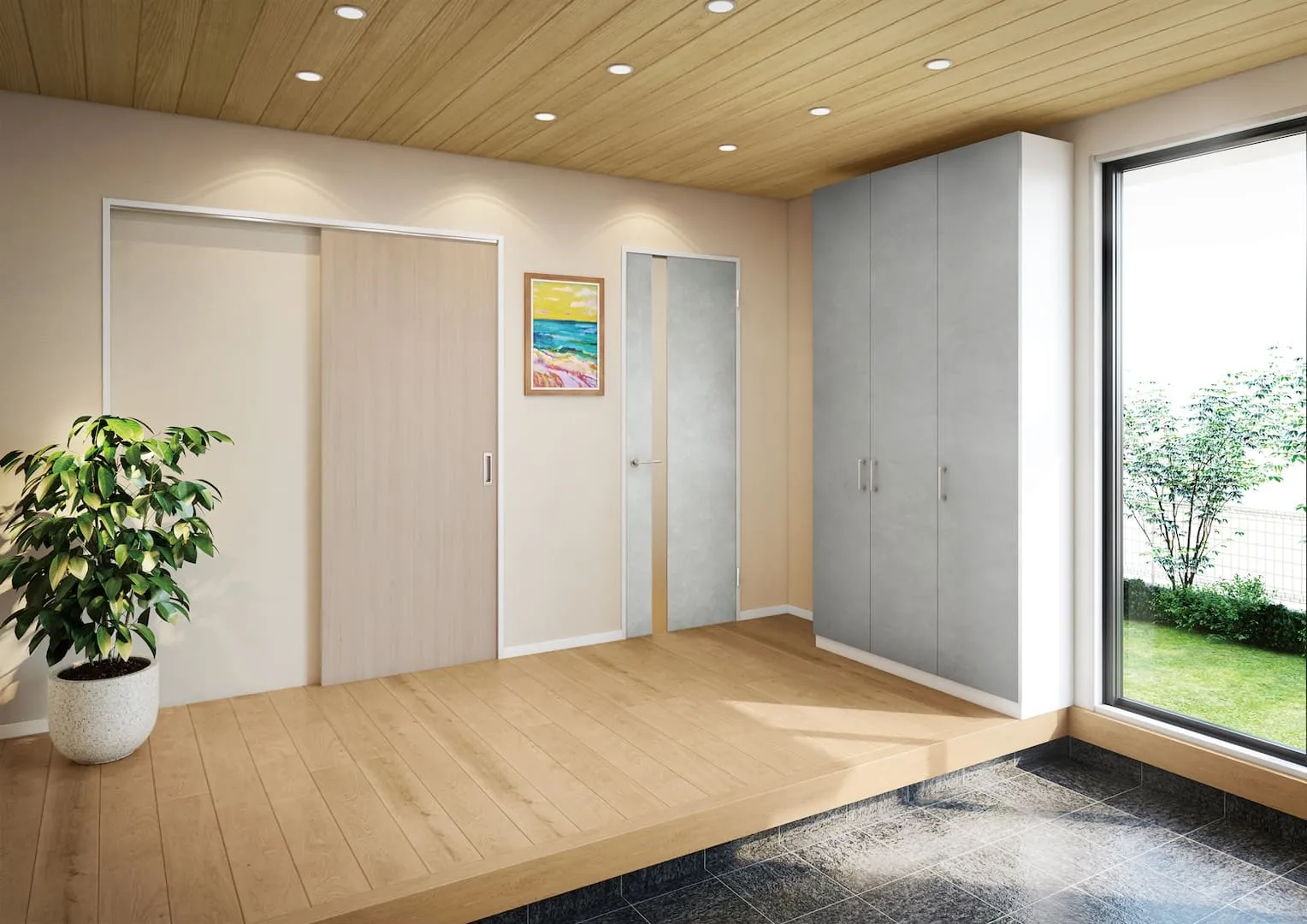 モルタルライトグレー柄建材をアクセントにしたナチュラル空間