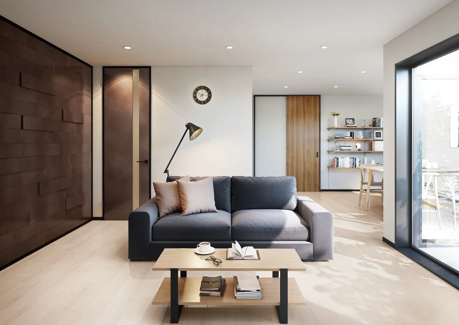 アイアンブラウン柄ドアとウォールデコで統一したリビング空間