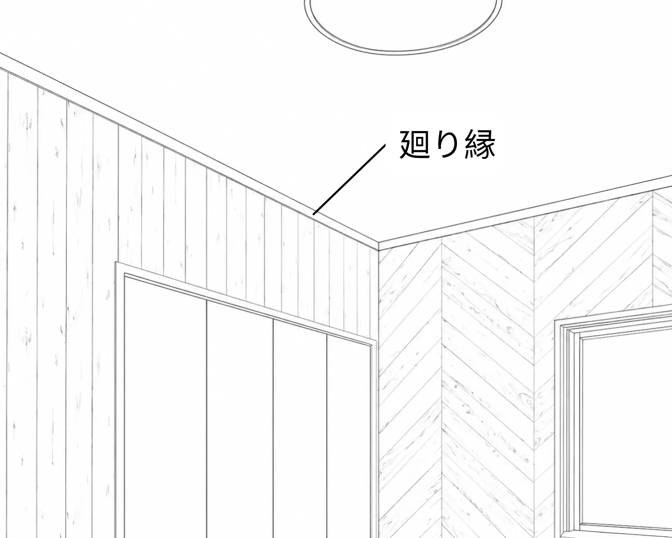 天井と壁の取り合いを美しく納める廻り縁の施工イメージ。住宅用内装建材｜NODA